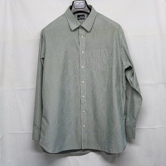1901 Mens Dress Shirt 17 34-35 Athletic Fit Long Sleeve Cotton Striped Green - Picture 1 of 15